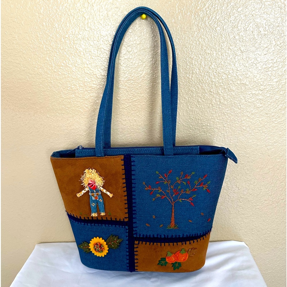 Cappelli Straworld Fall Harvest Purse Tote Bag Embroidered Knit Denim..